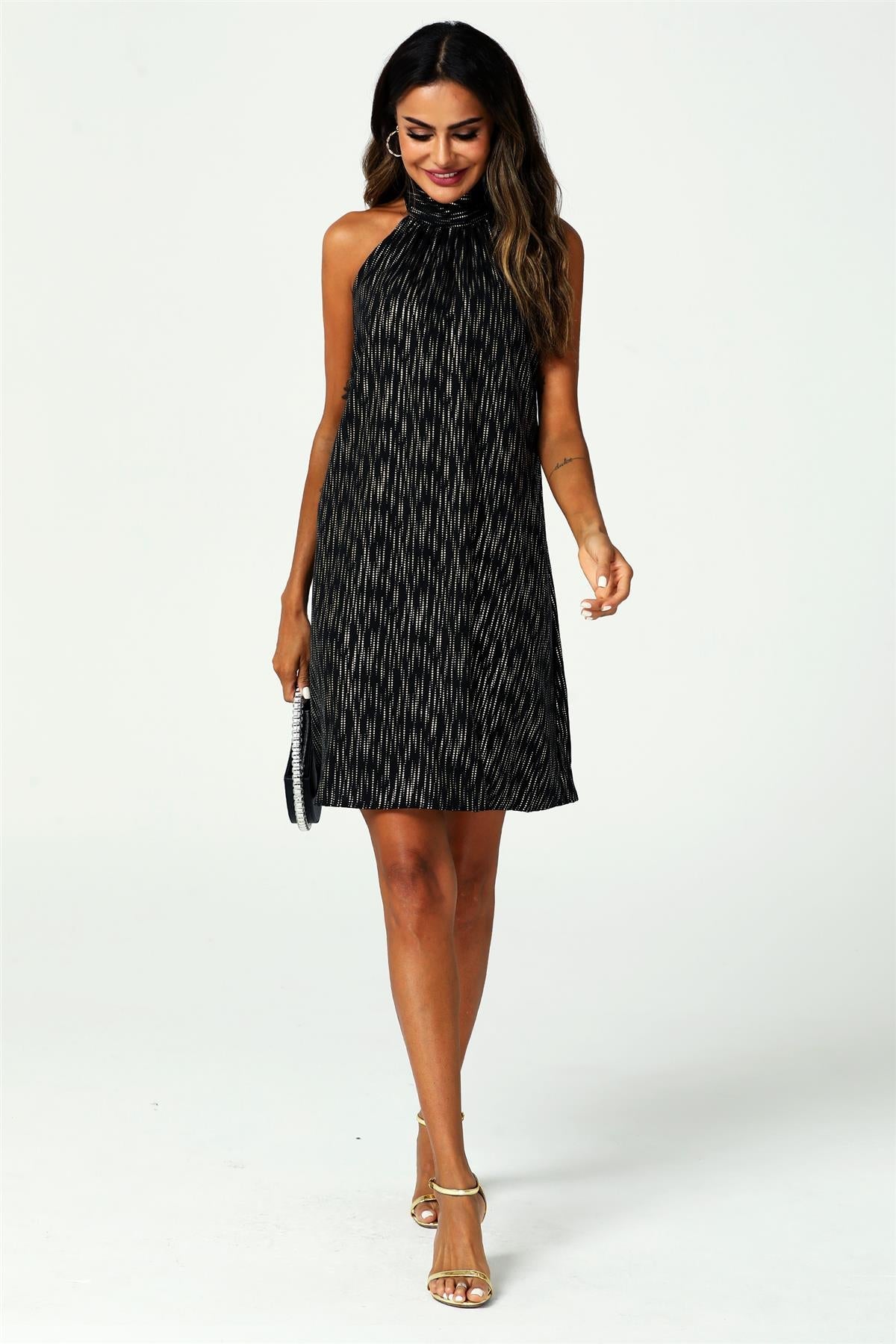 Svartur, gulllitaður, halter-hálsmáls-minikjóll með bindi að aftan