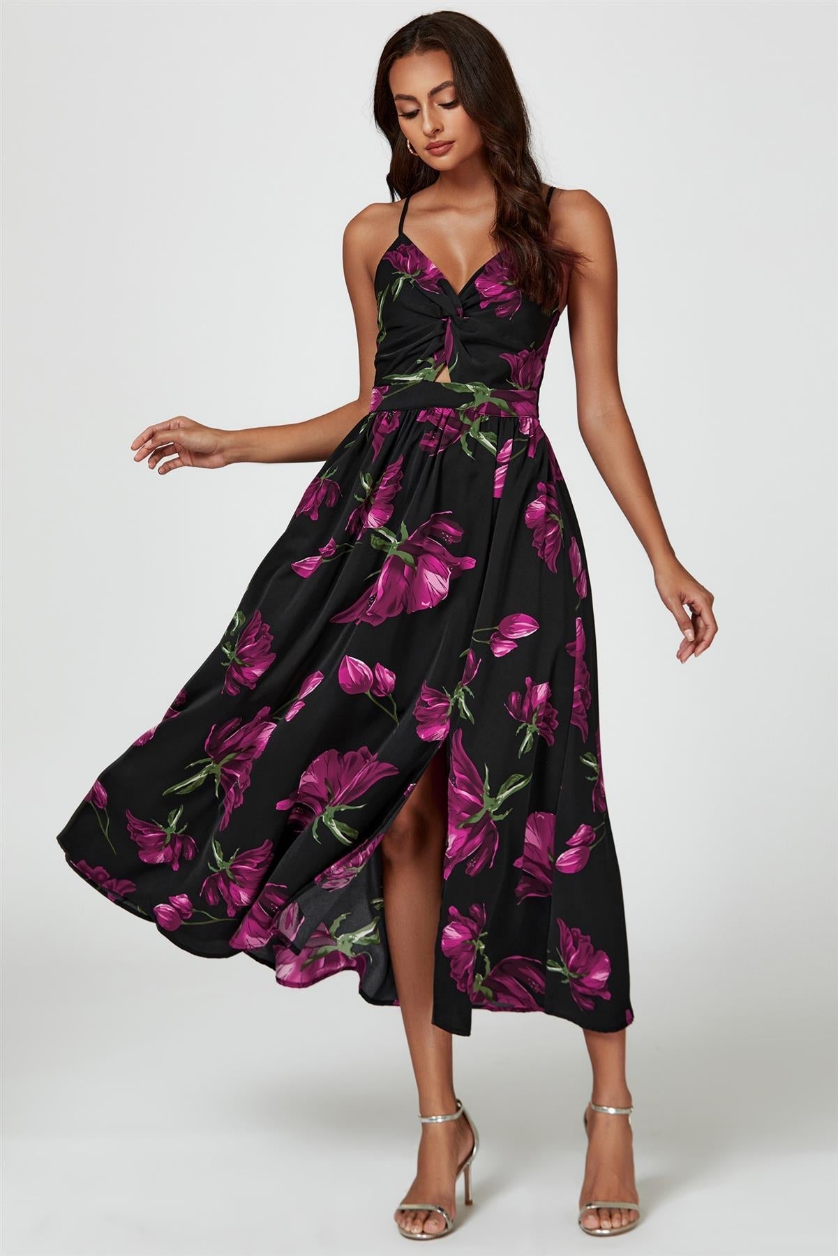 Floral Print Maxi Dress In Black