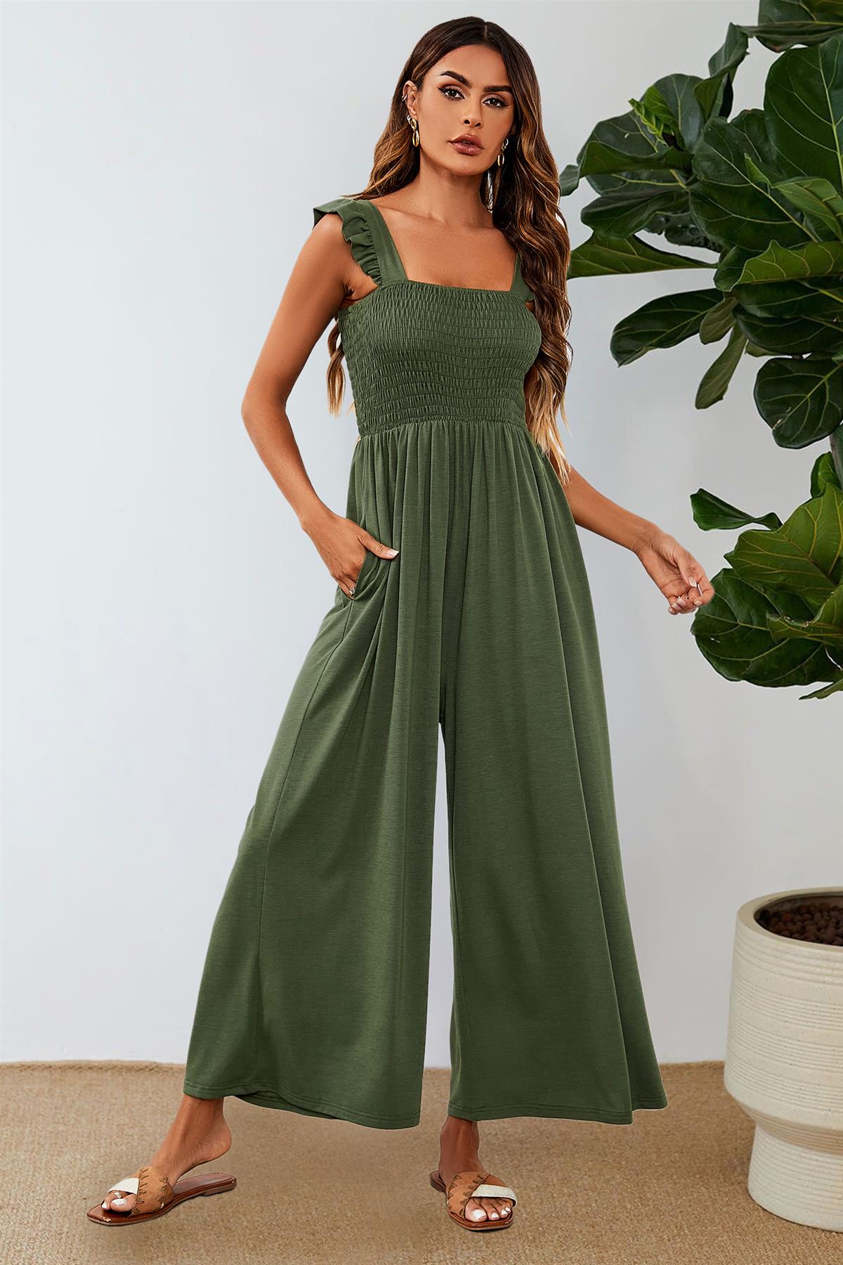 Frill Detail Strappy Jumpsuit In Olive 