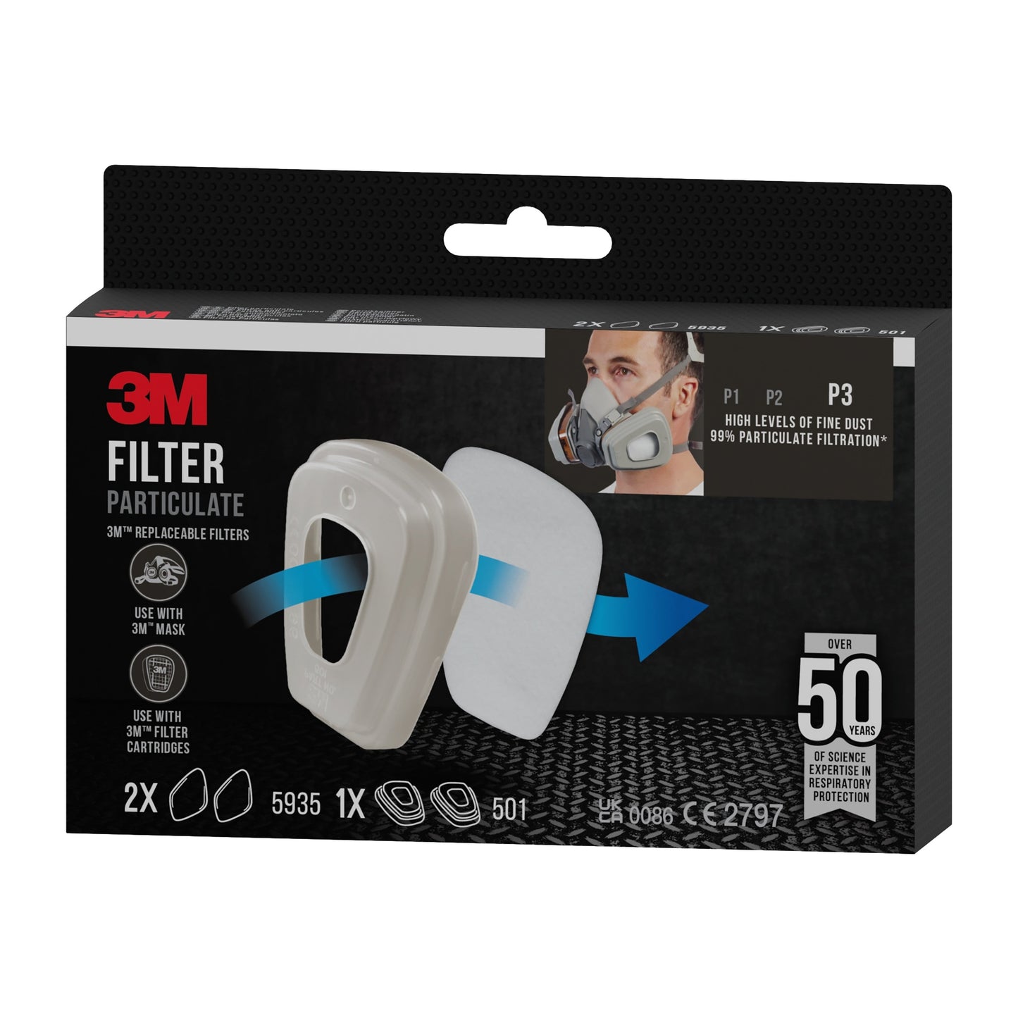 3M™ Partikelfilter 5935, P3, 2 Paar/Packung + Filterhalterung 501, 1 Paar/Packung | Packung (1 Stück)