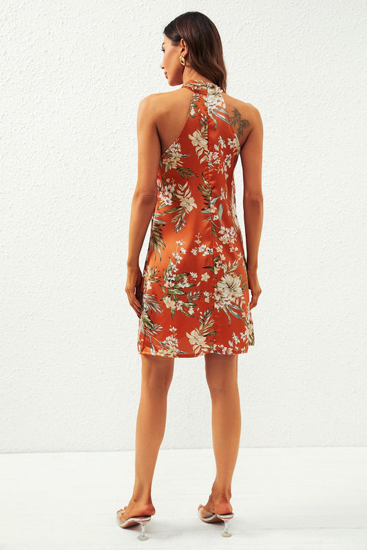 Satin Floral Print Halter Neck Mini Dress In Orange