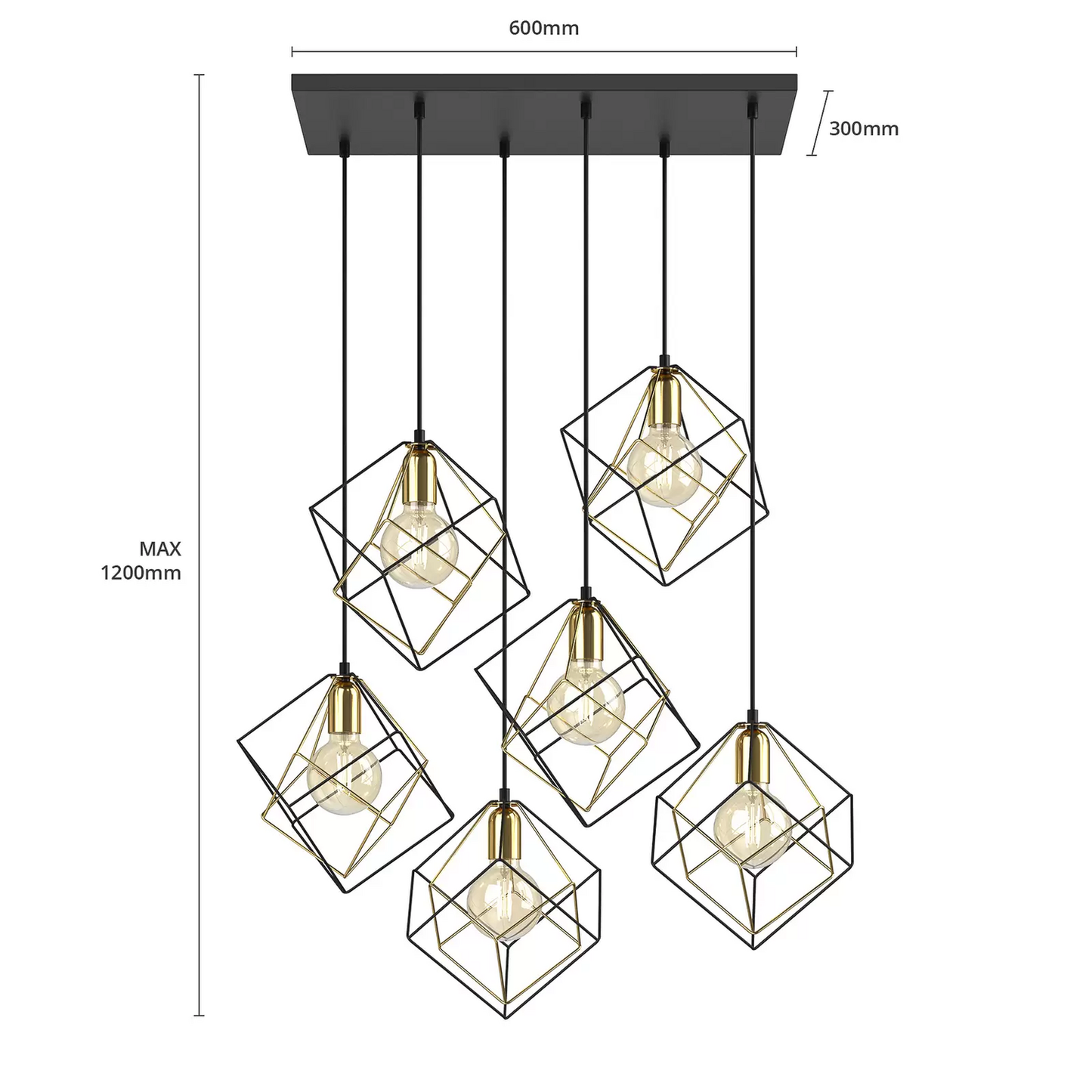 Hengilampi Alambre, á lager, 6 logar, gulllitaður/svartur, með E27 ljósi.