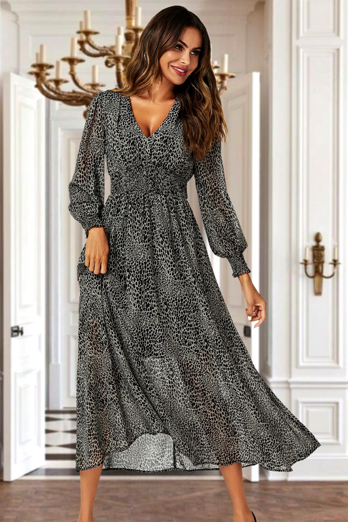 Leopard Print Long Sleeve Maxi Dress In Grey 