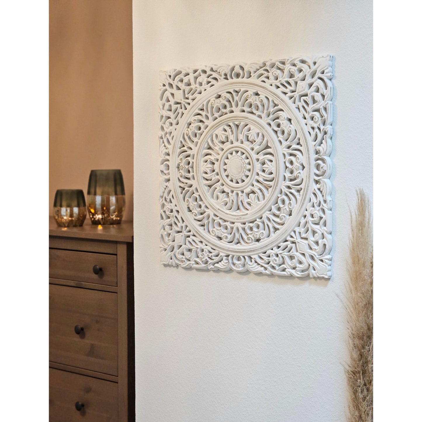 Wandornament Holz weiß 55x55 cm shabby Landhaus Ornament Holzornament Holzbild