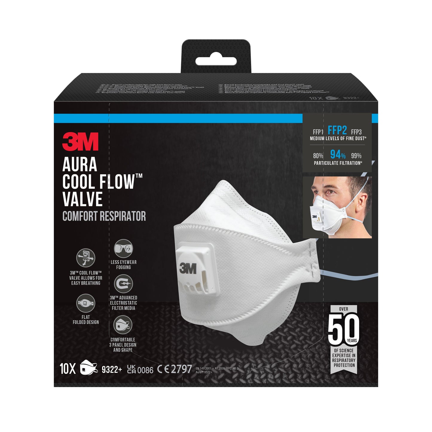 3M™ Aura™ Comfort Cool Flow™ Partikelmaske 9322+, FFP2, mit Ventil