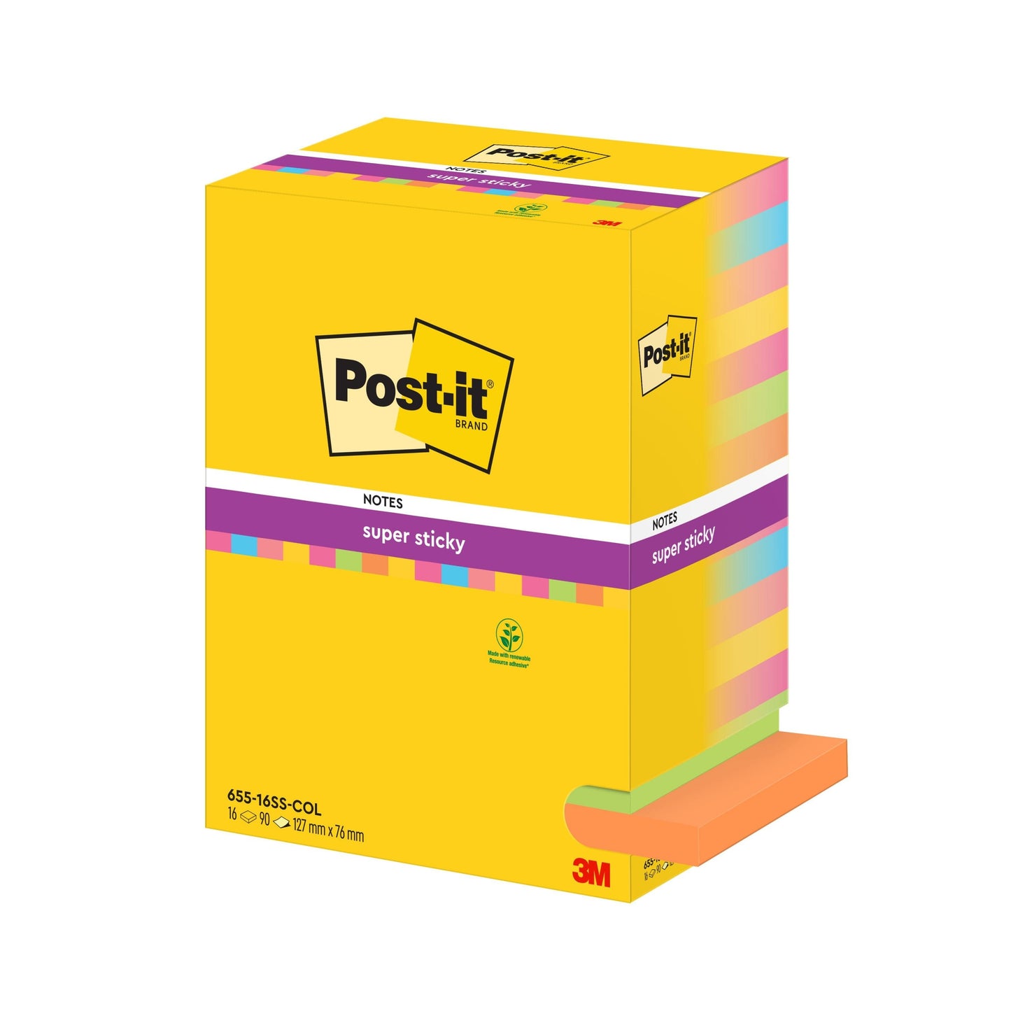 Post-it® Super Sticky Notes, Verschiedene Farben, 76 mm x 127 mm, 90 Blatt/Block, 16 Blöcke/Packung, 100% PEFC, SGSCH-PEFC-COC-110078  | Packung (1 Stück)