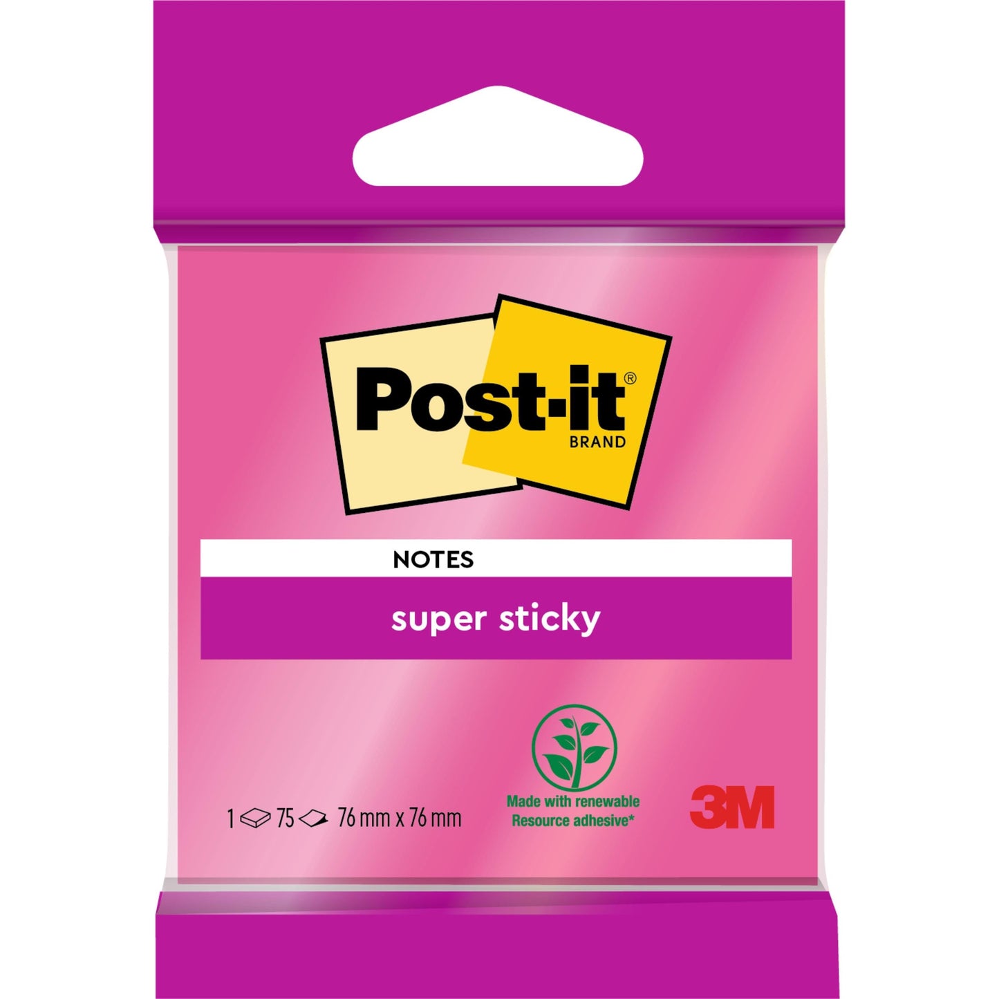 Post-it® Super Sticky Notes 6820S3, 76 x 76 mm, neongrün, neonpink, ultragelb, ultragrün, ultrapink, 1 Block à 75 Blatt, 100% PEFC SGSCH-PEFC-COC-110078 | Packung (1 Stück)