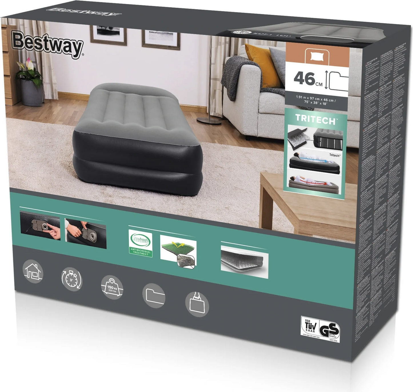 Bestway loftdýna, gestarúm, Tri Tech Aerolux rafmagnsdæla, XL loftdýna fyrir einn