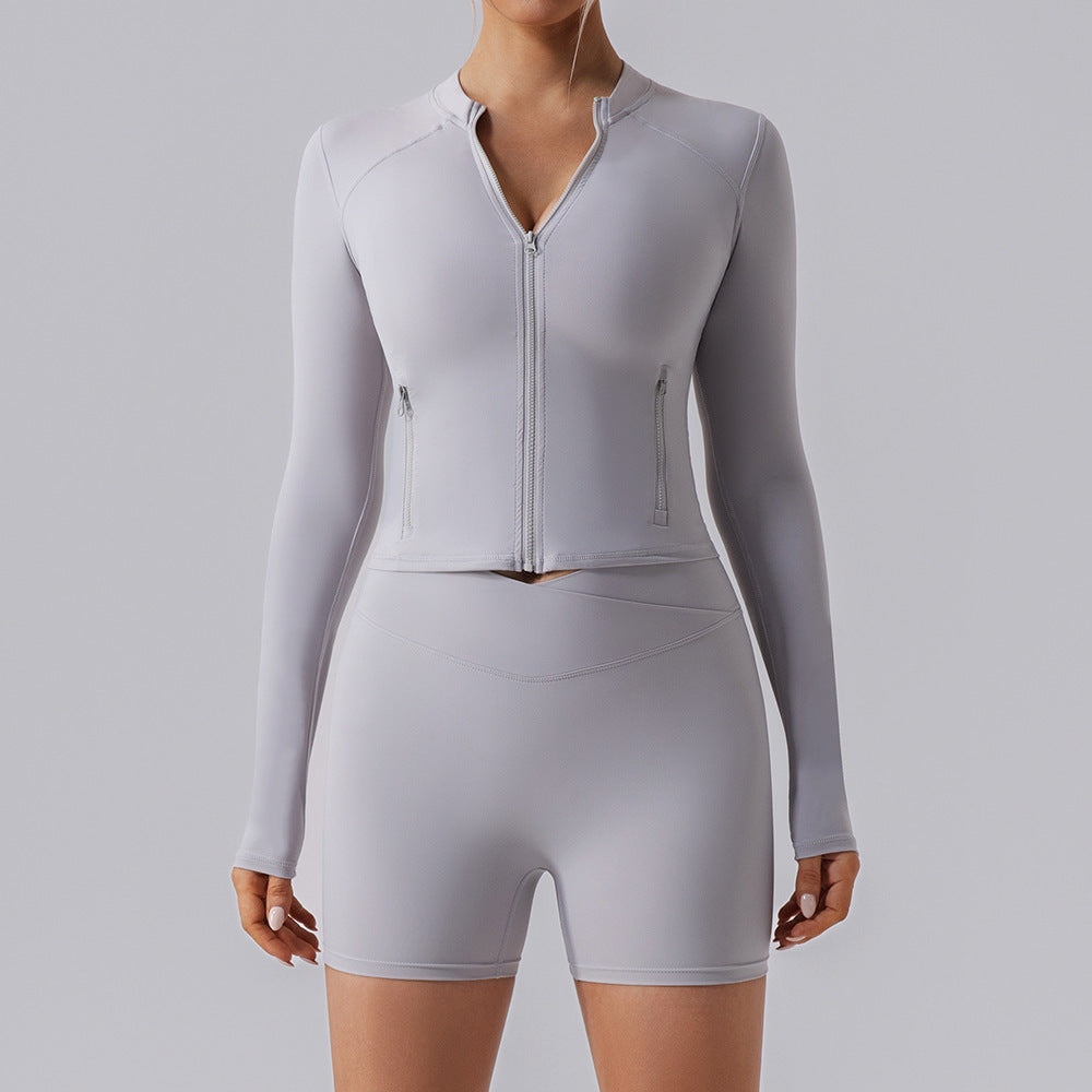 Autumn High Elastic Gym Sports Top Women Long Sleeve Slim-fit Zipper Cardigan