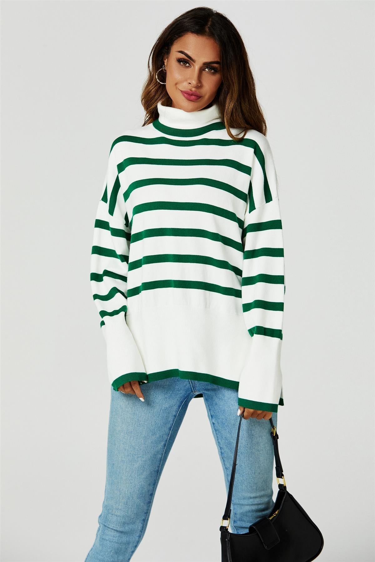 Stripes Pattern Turtleneck Jumper Top In Green 