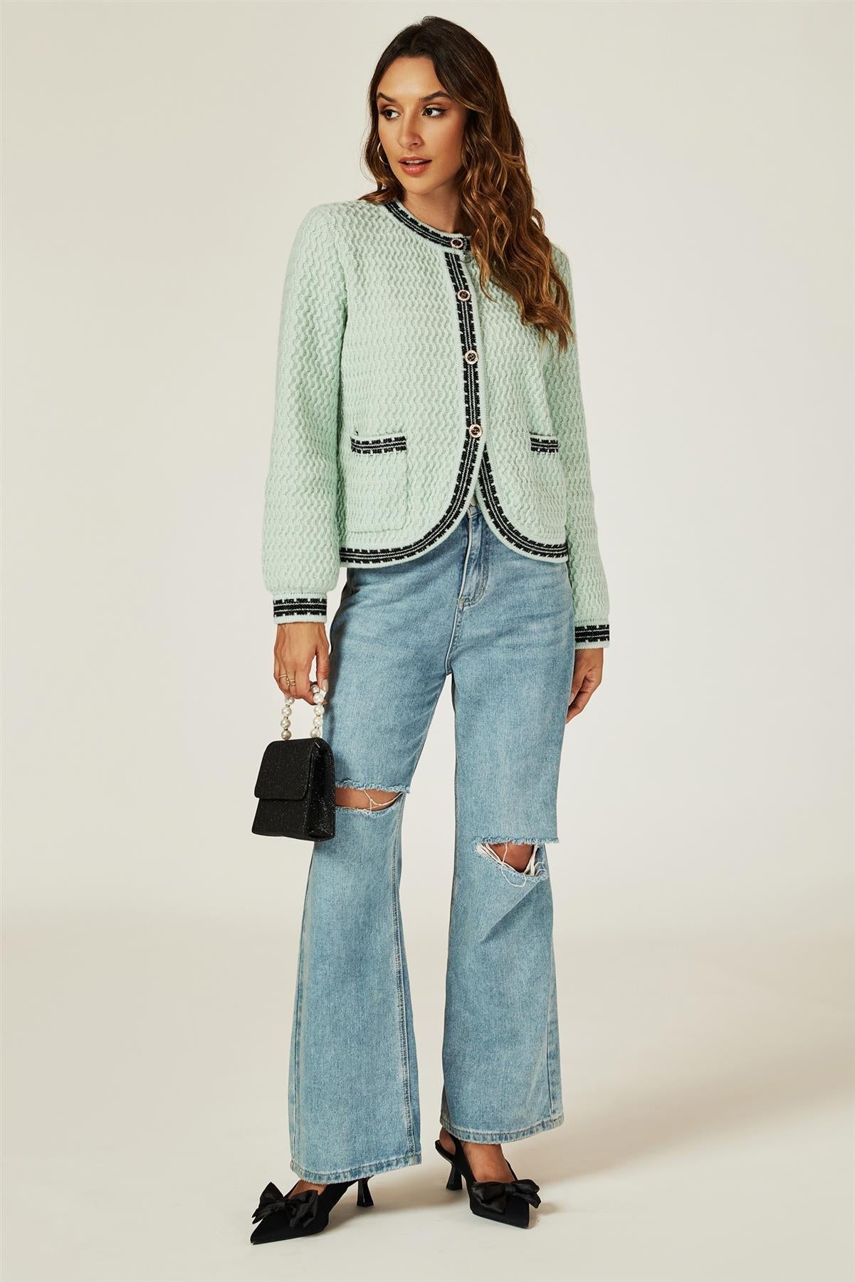 Pocket Knit Cardigan In Gray Green