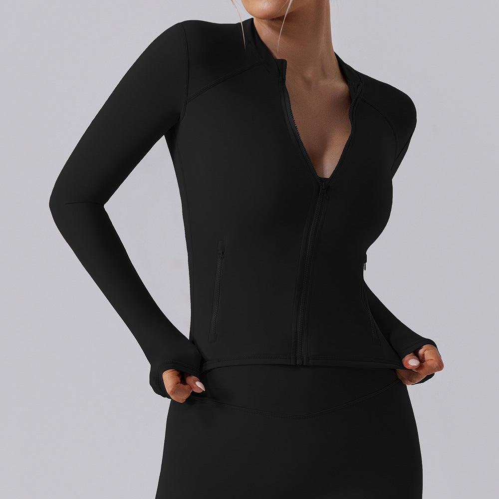 Autumn High Elastic Gym Sports Top Women Long Sleeve Slim-fit Zipper Cardigan