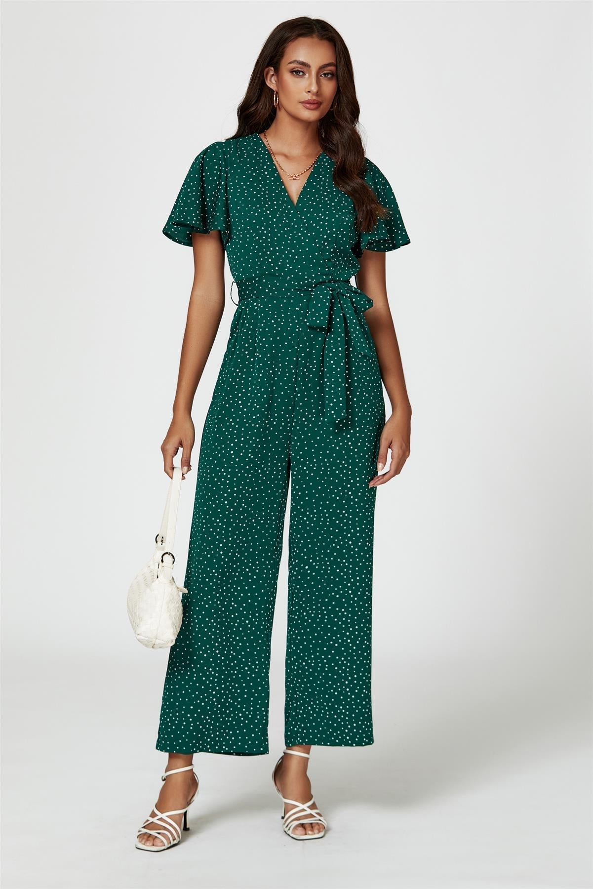 Dot Print Wrap Top Jumpsuit In Green