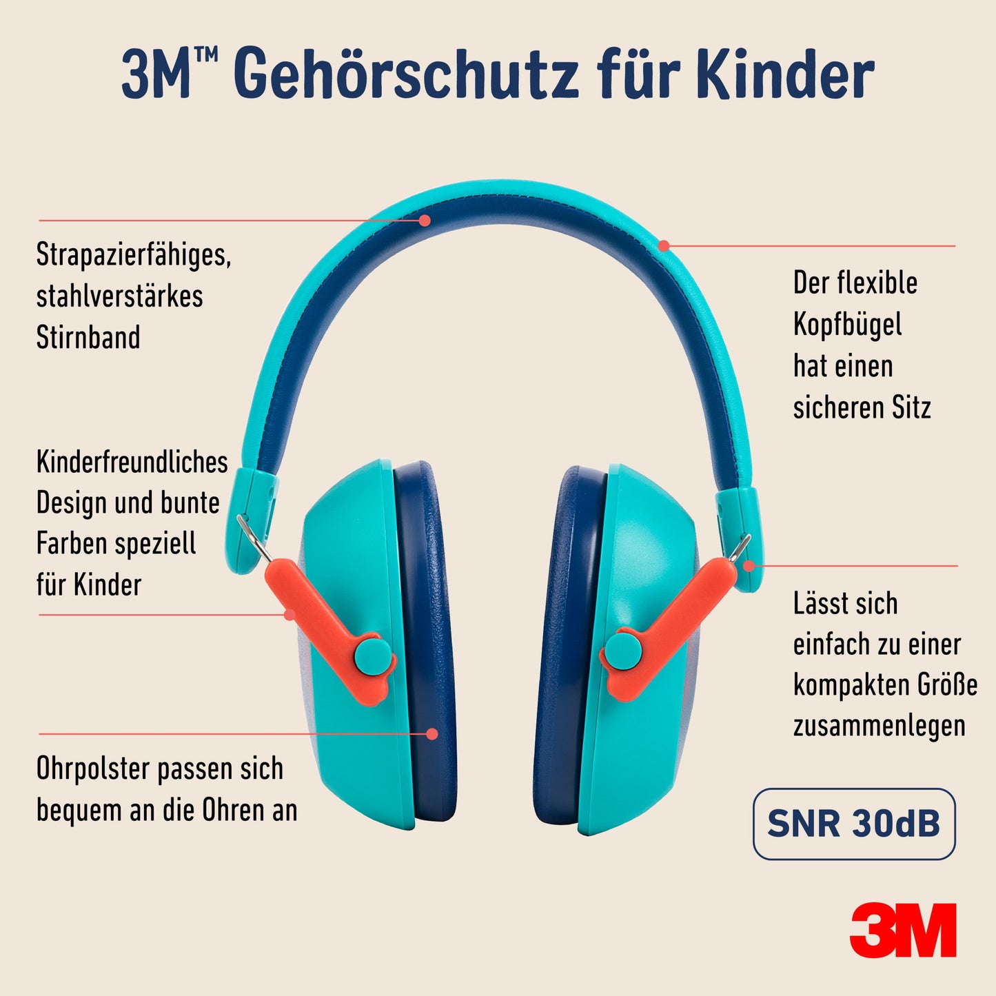 3M™Gehörschutz für Kinder mit Gehörschutz PKIDSP-TEAL-E, türkis (87-98 dB) | Packung (1 Stück)