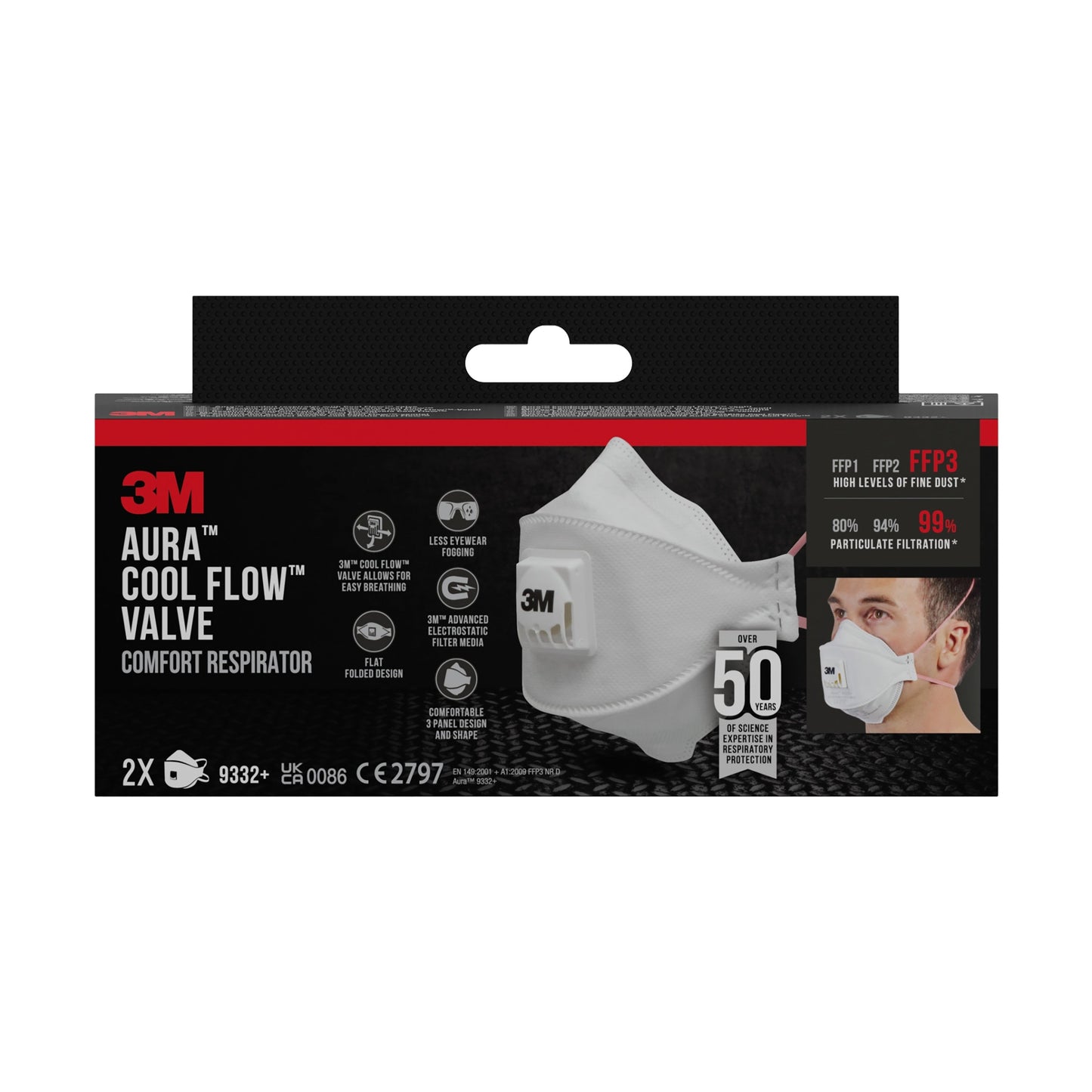 3M™ Aura™ Comfort Cool Flow™ Partikelmaske 9332+, FFP3, mit Ventil
