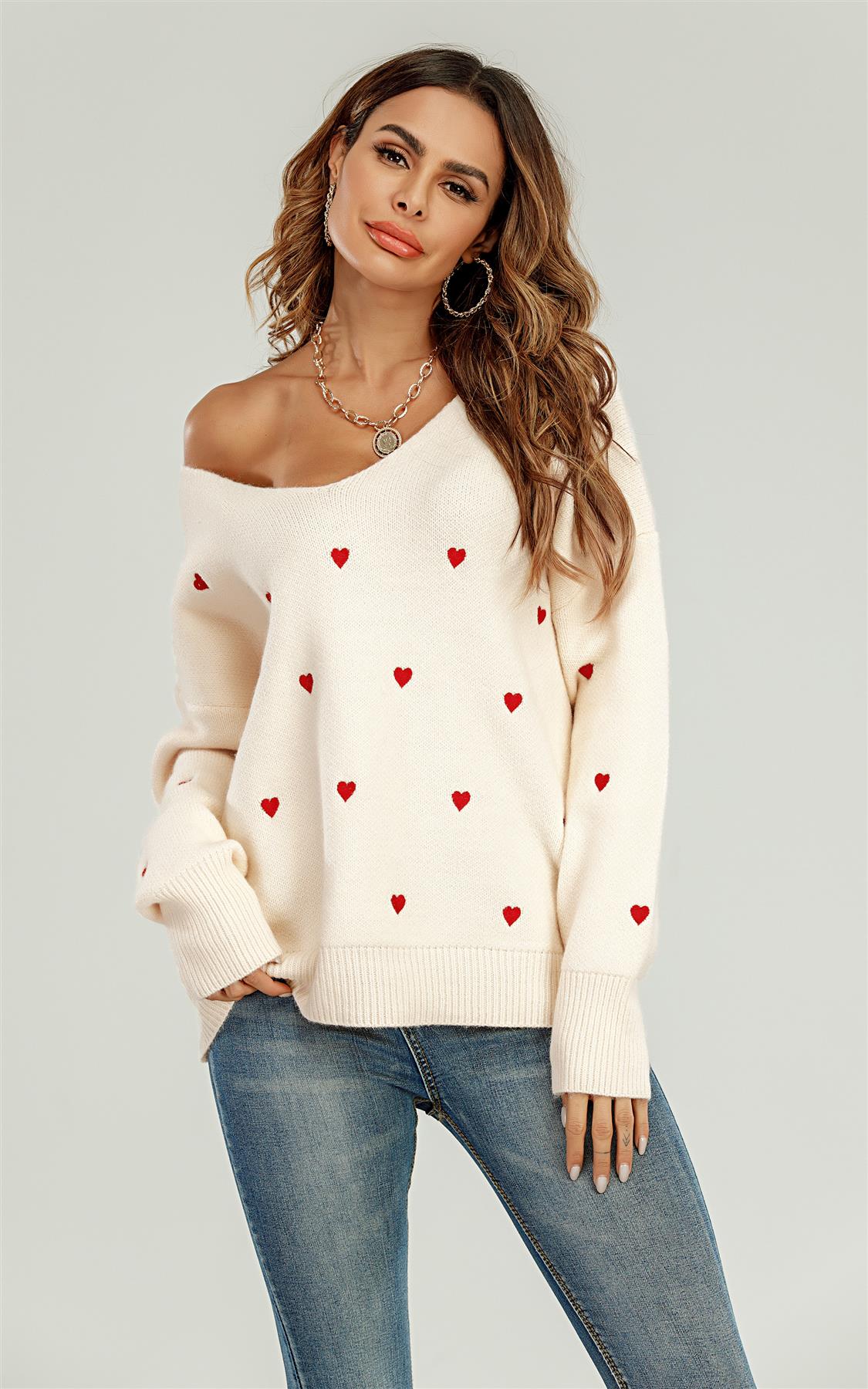 Embroidery Red Heart V Neck Jumper In Cream