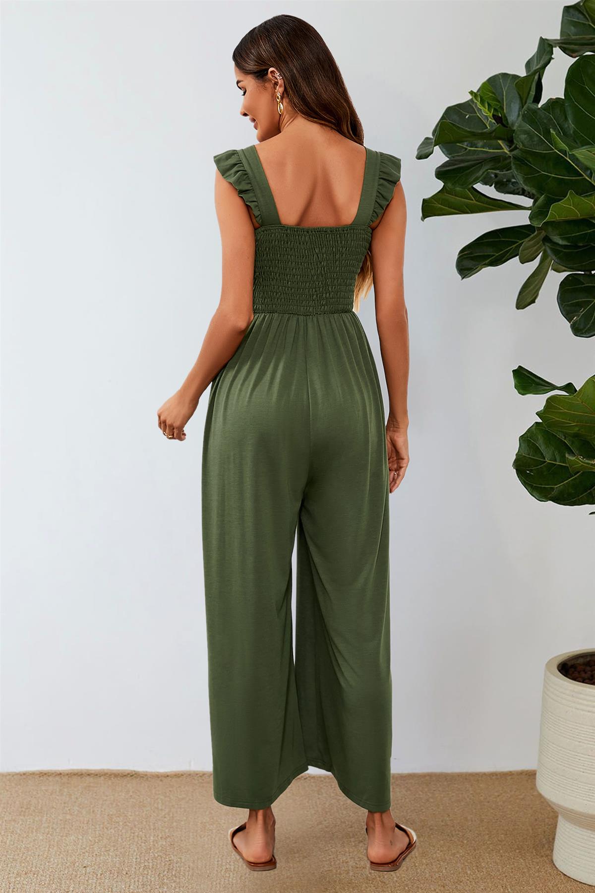 Frill Detail Strappy Jumpsuit In Olive 