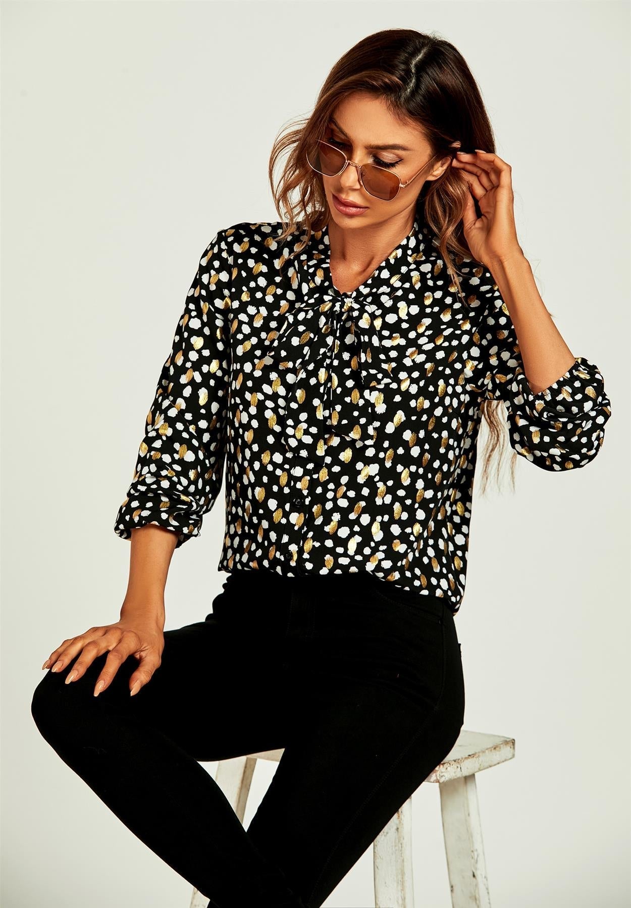 Gold Foil Leopard Print Pussy Bow Blouse/Top In Black