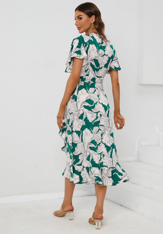 Angel Sleeve Wrap Midi Dress In Green