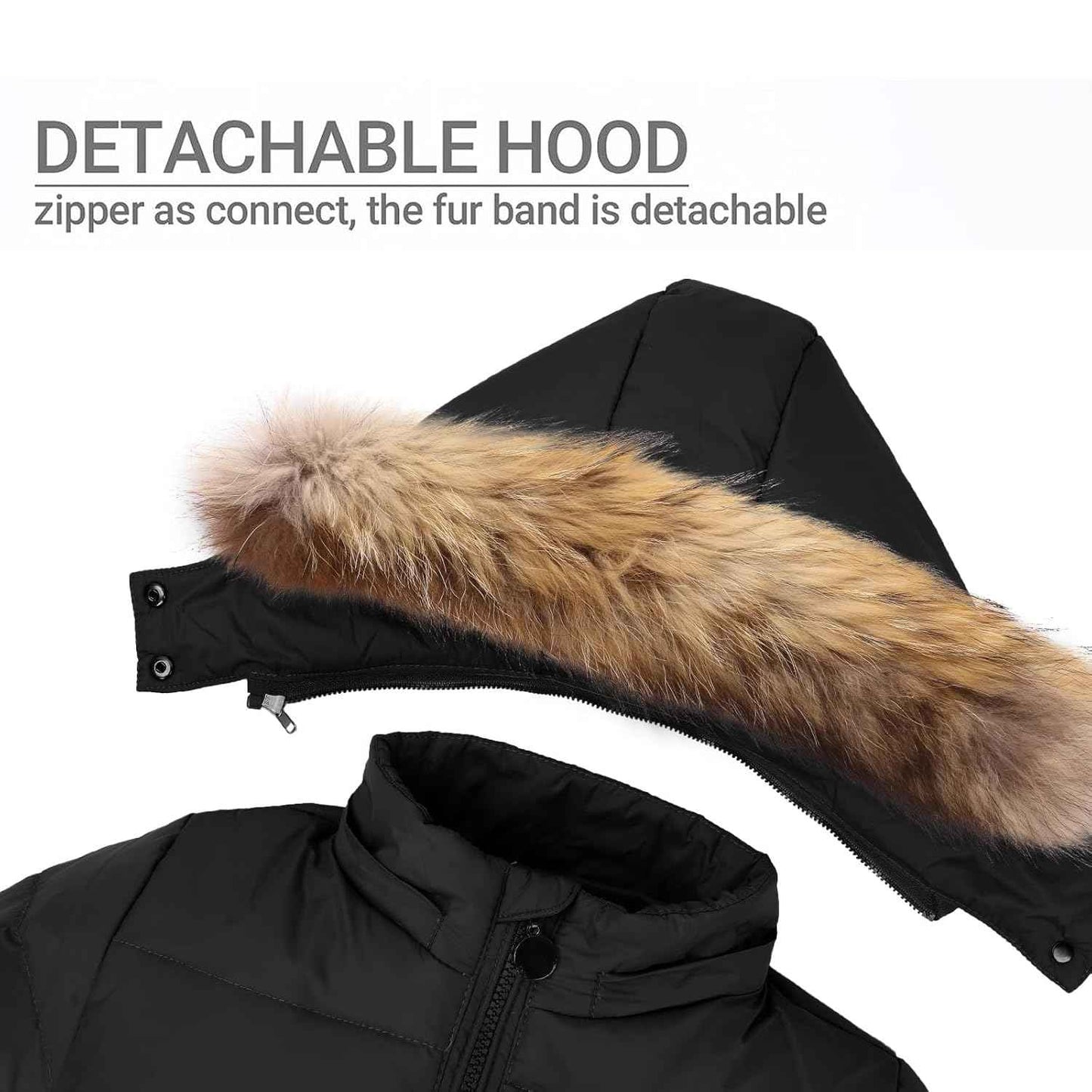 Barnadúnnjakki með hettu úr gervifeldi, fatasett fyrir stelpur og stráka, þykkur vetrarjakki + skíðabuxur, dúnbuxur, skíðagalli fyrir börn, svartur, 4-5 ára 