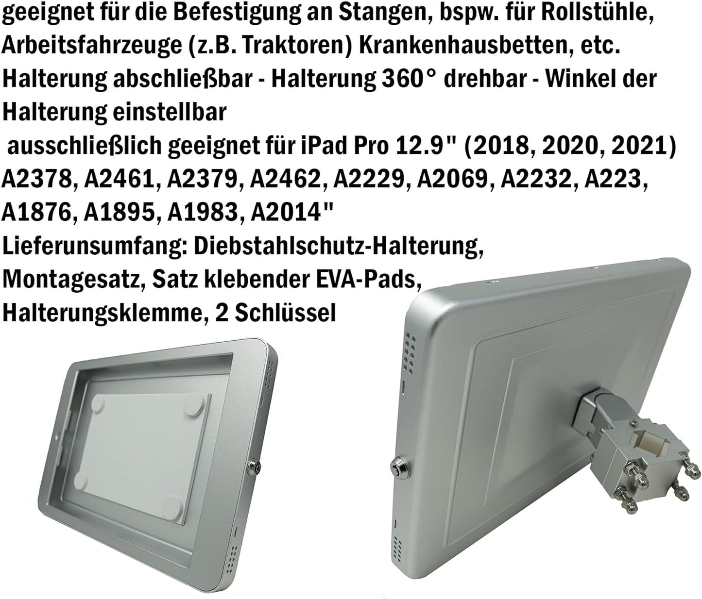 SYSTEM-S stöngfesting með lás, málmfesting fyrir iPad Pro 12.9" (2018, 2020, 2021) 
