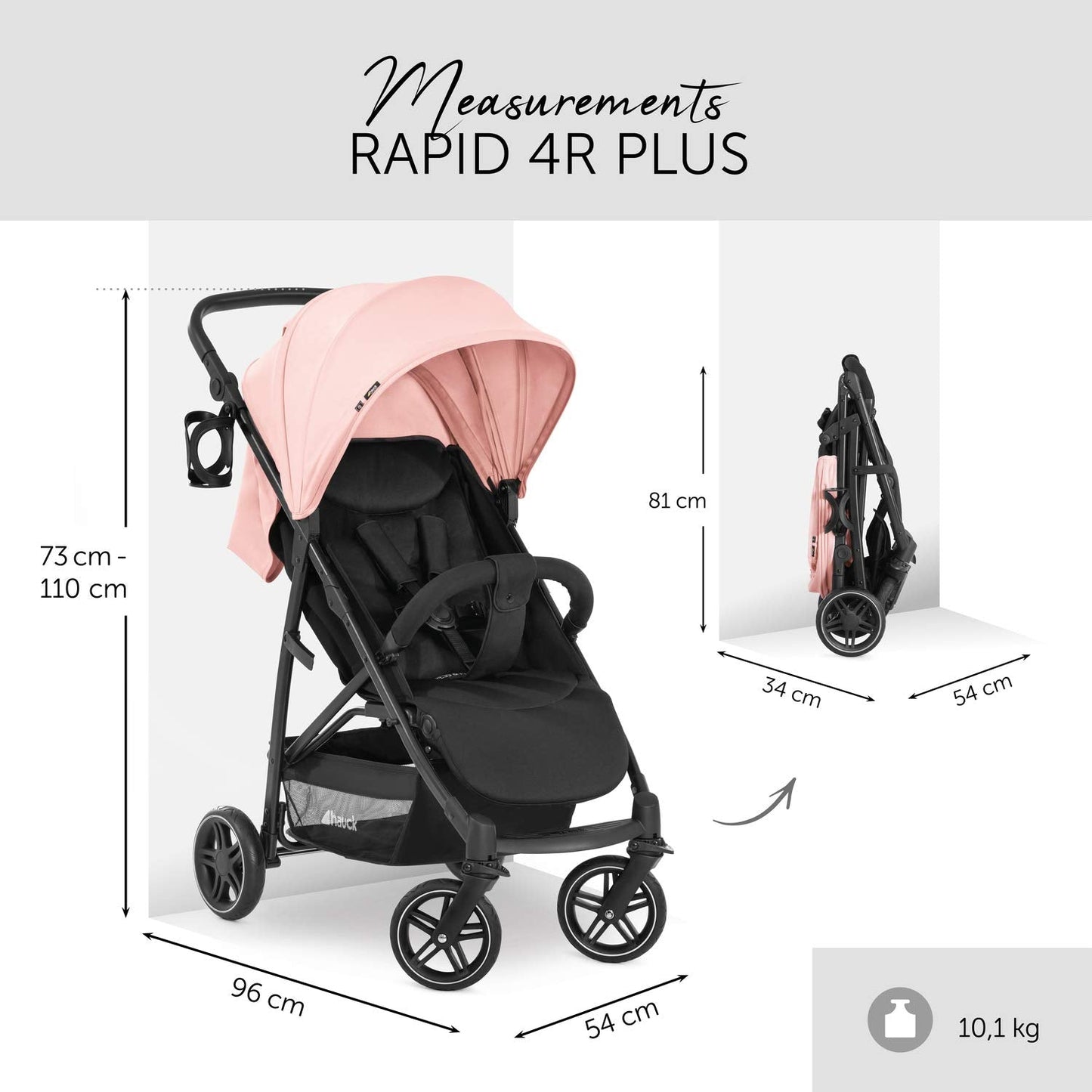 Hauck Rapid 4R Plus barnavagn - Barnavagn með XL sólhlíf UPF 50+, 25 kg burðargetu, fljótleg samanbrjótanleiki, hæðarstillanlegur, glasahaldari, hallandi stöðu, stór innkaupakörfa