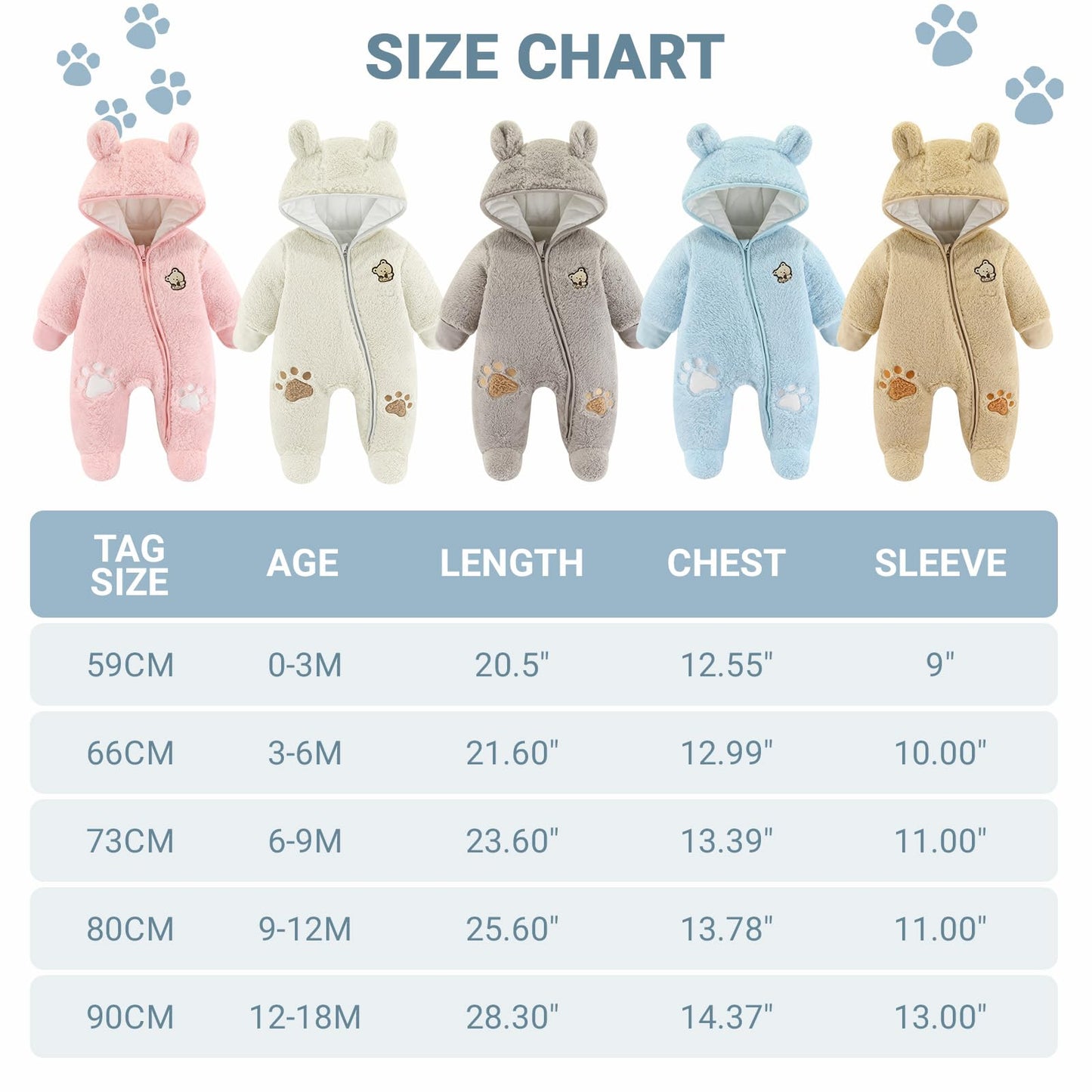 Barnasnjógallar Vetrargallar með hettu úr flís, hlýir gallar fyrir stelpur og stráka - Stærð 0-3 mánaða (59 cm), gulur 