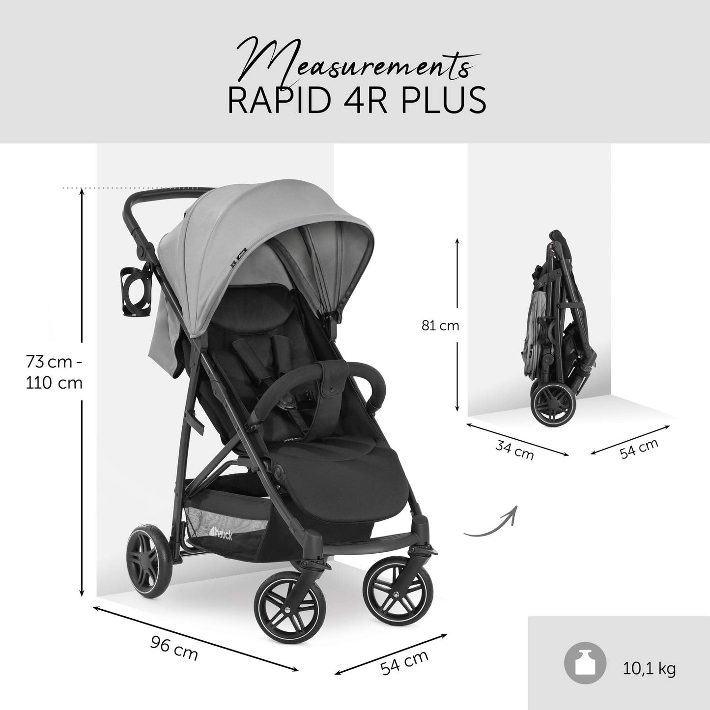 Hauck Rapid 4R Plus barnavagn - Barnavagn með XL sólhlíf UPF 50+, 25 kg burðargetu, fljótleg samanbrjótanleiki, hæðarstillanlegur, glasahaldari, hallandi stöðu, stór innkaupakörfa