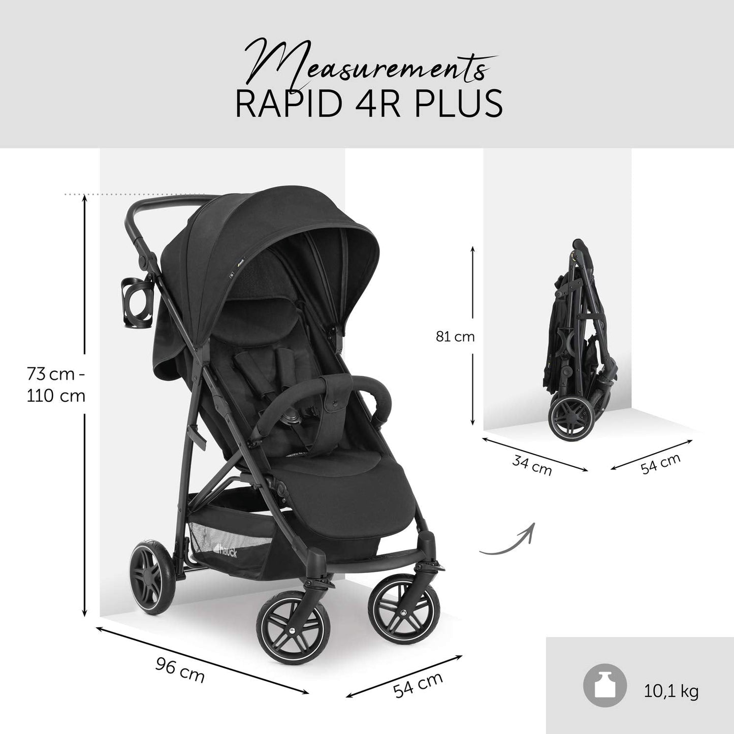 Hauck Rapid 4R Plus barnavagn - Barnavagn með XL sólhlíf UPF 50+, 25 kg burðargetu, fljótleg samanbrjótanleiki, hæðarstillanlegur, glasahaldari, hallandi stöðu, stór innkaupakörfa