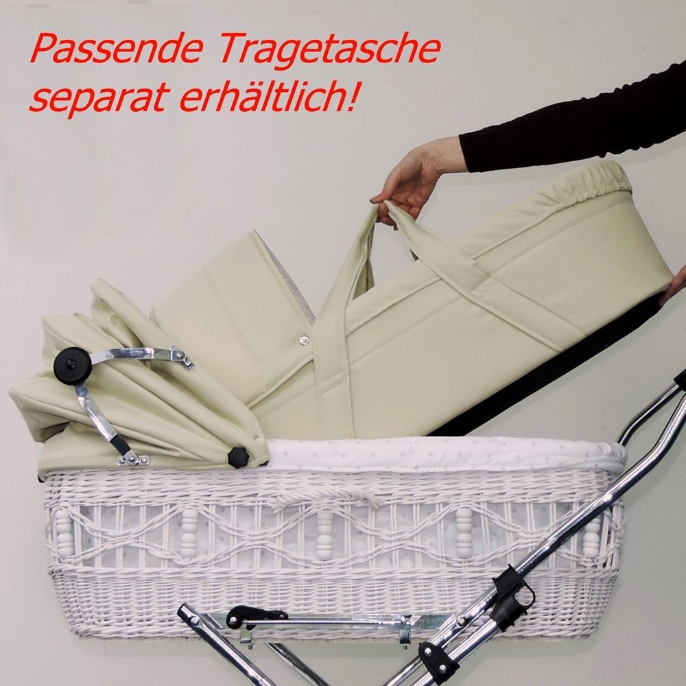EICHHORN víðikörfu fyrir barnavagna, hvít körfa, ljósbrúnt efni - stórt liggjandi svæði, mjúkt fjöðrandi, þar á meðal dýna og regnhlíf