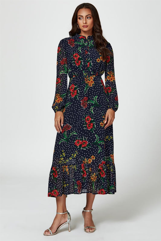 Floral Dot Print Maxi Dress In Navy