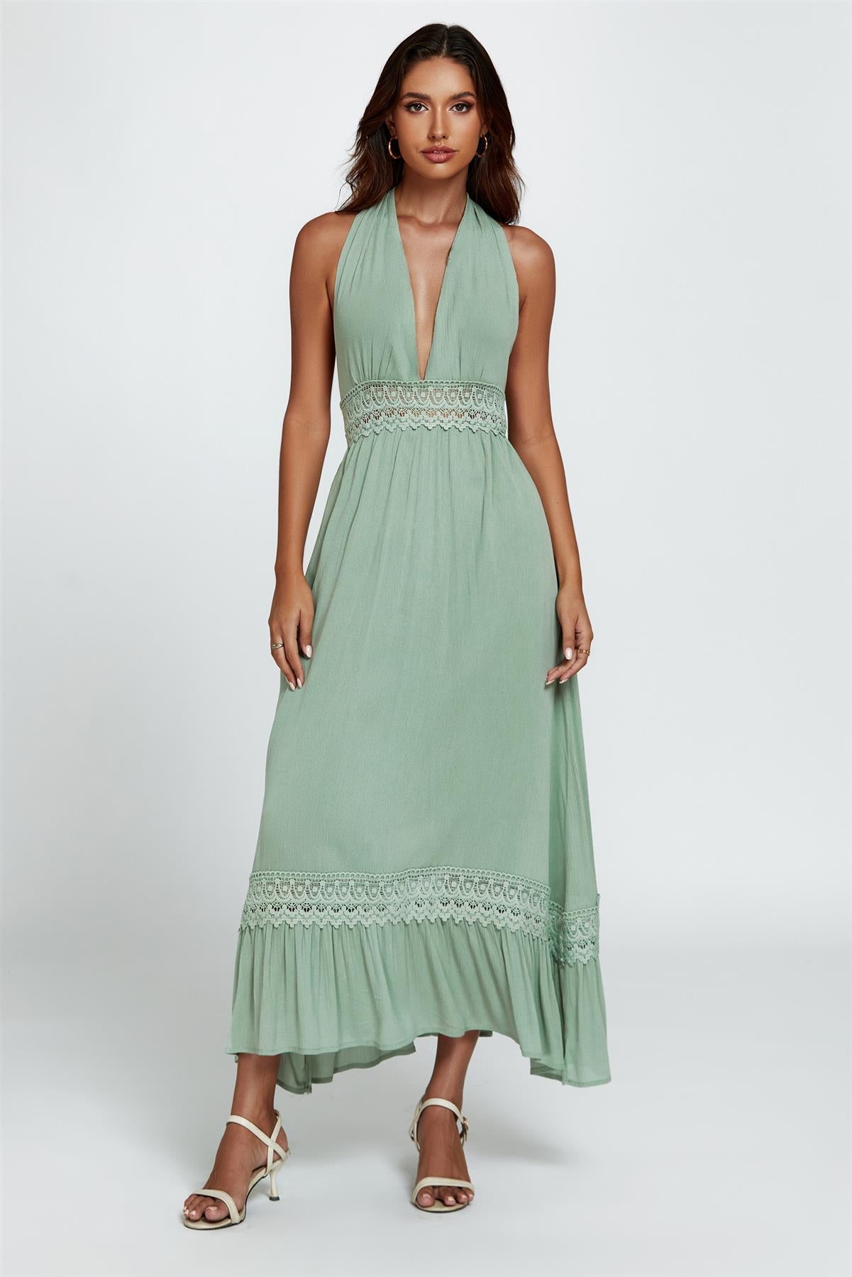 Lace Detail Adjustable Deep V Neckline Maxi Dress In Green
