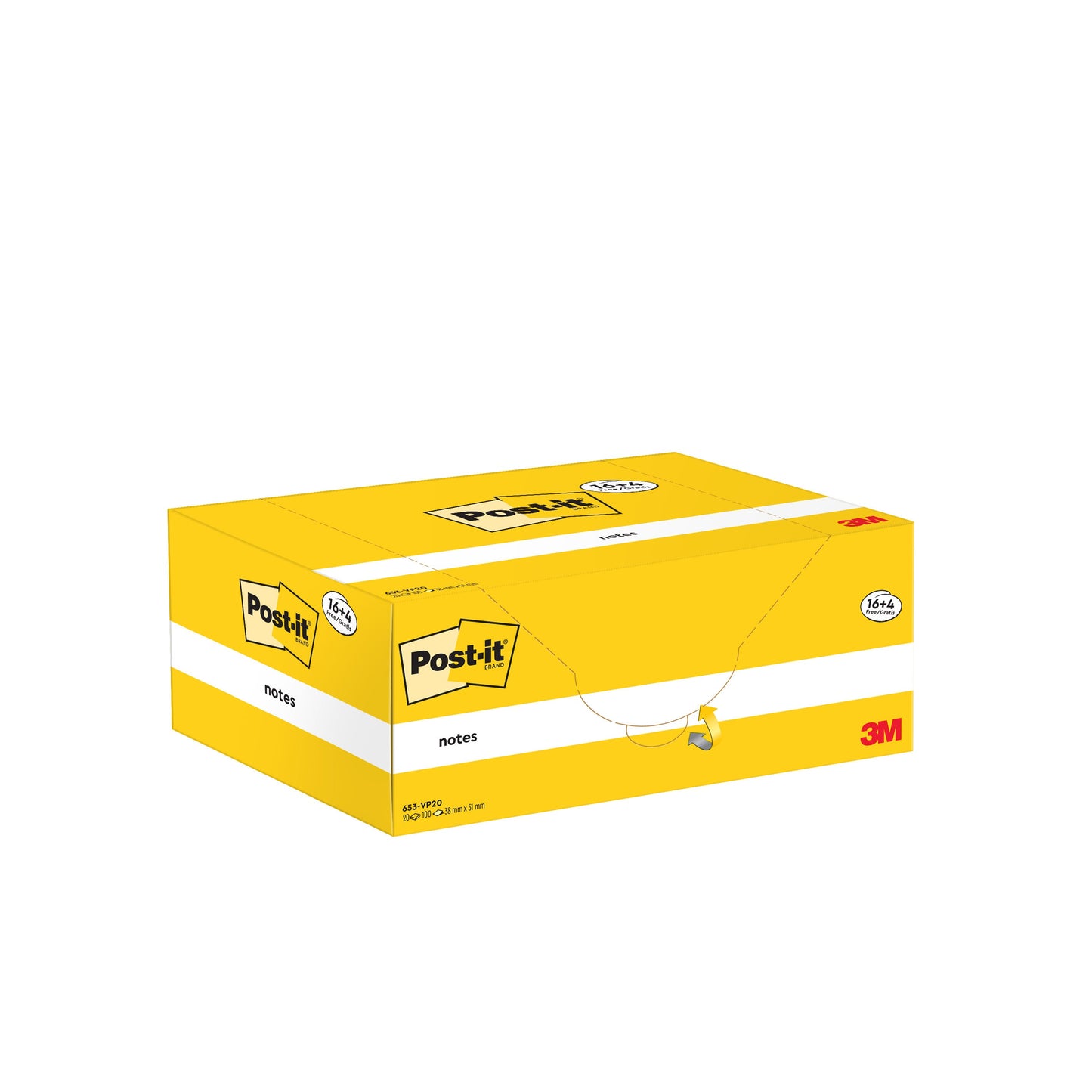 Post-it® Notes, Gelb, 38 mm x 51 mm, Promotion, 100 Blatt/Block, 16 Blöcke + 4 Gratis/Packung, 100% PEFC, SGSCH-PEFC-COC-110078  | Packung (1 Stück)