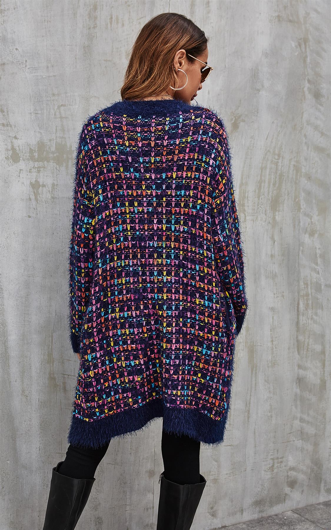 Pink mix Multi color Speckles Boucle Check Cardigan In Navy