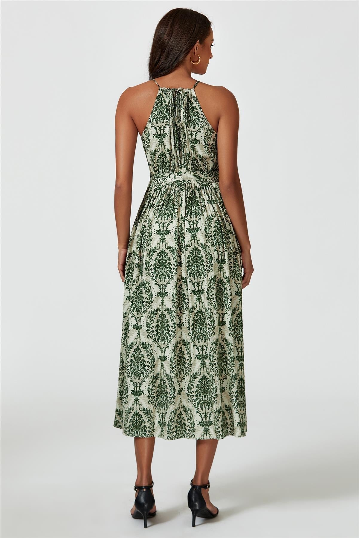 Green &amp; Beige Floral Print Tie Halterneck Maxi Dress