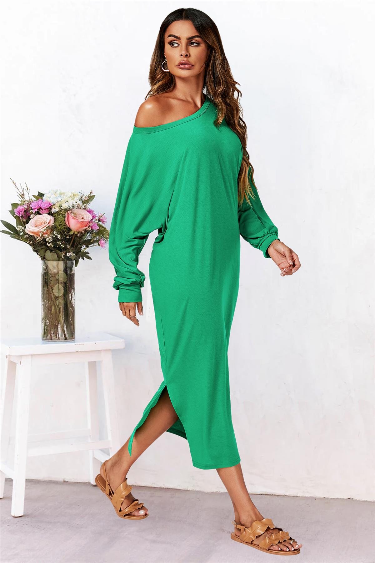 Oversized Midaxi Long Sleeve Slit Jersey Dress In Green 