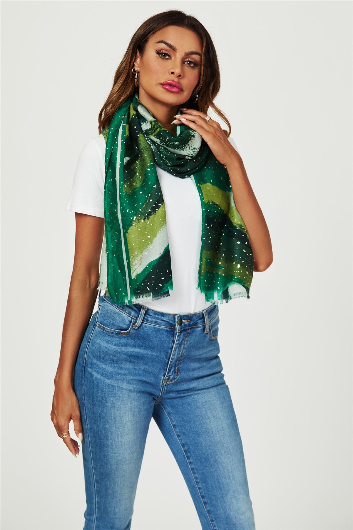 Gold Foil Abstract Brush Print Fringed edges Scarf In Green