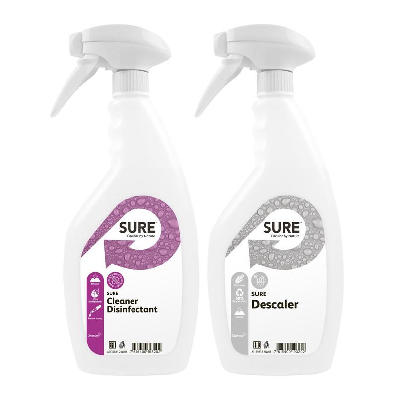 Triggersprayflasche, Flasche mit SURE Cleaner Desinfectant Spray Label + SURE Descaler Label | Flasche (1 Stück)