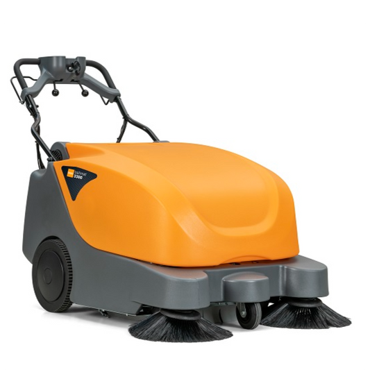 TASKI balimat 3300 RTU, Handgeführte Kehrsaugmaschine für das tägliche Kehrsaugen von mittleren bis großen Flächen, inkl. 2 Stück Walzenbürsten, 2 Stück Seitenbesen, 2 Stück Batterien 76Ah und Ladegerät | Packung (1 Stück)