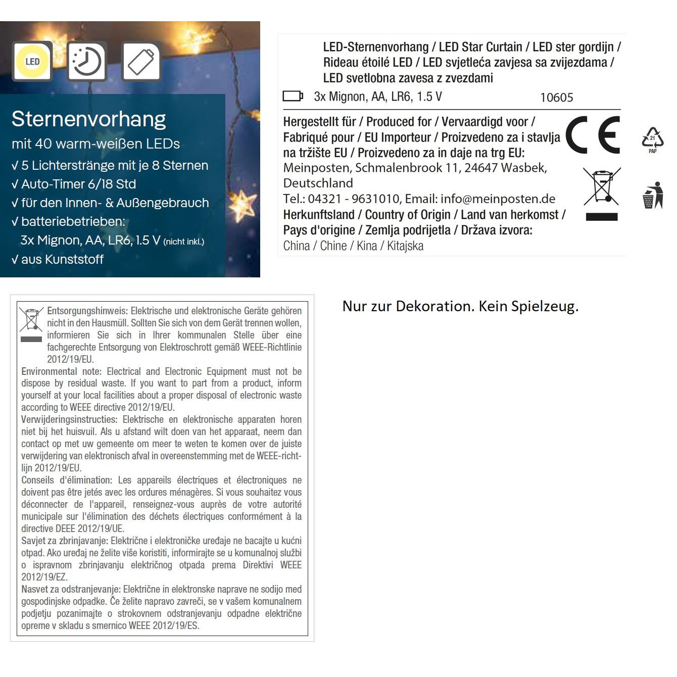 Lichterkette Sternenvorhang LED warmweiß Lichtervorhang 80x60cm Batterie Timer