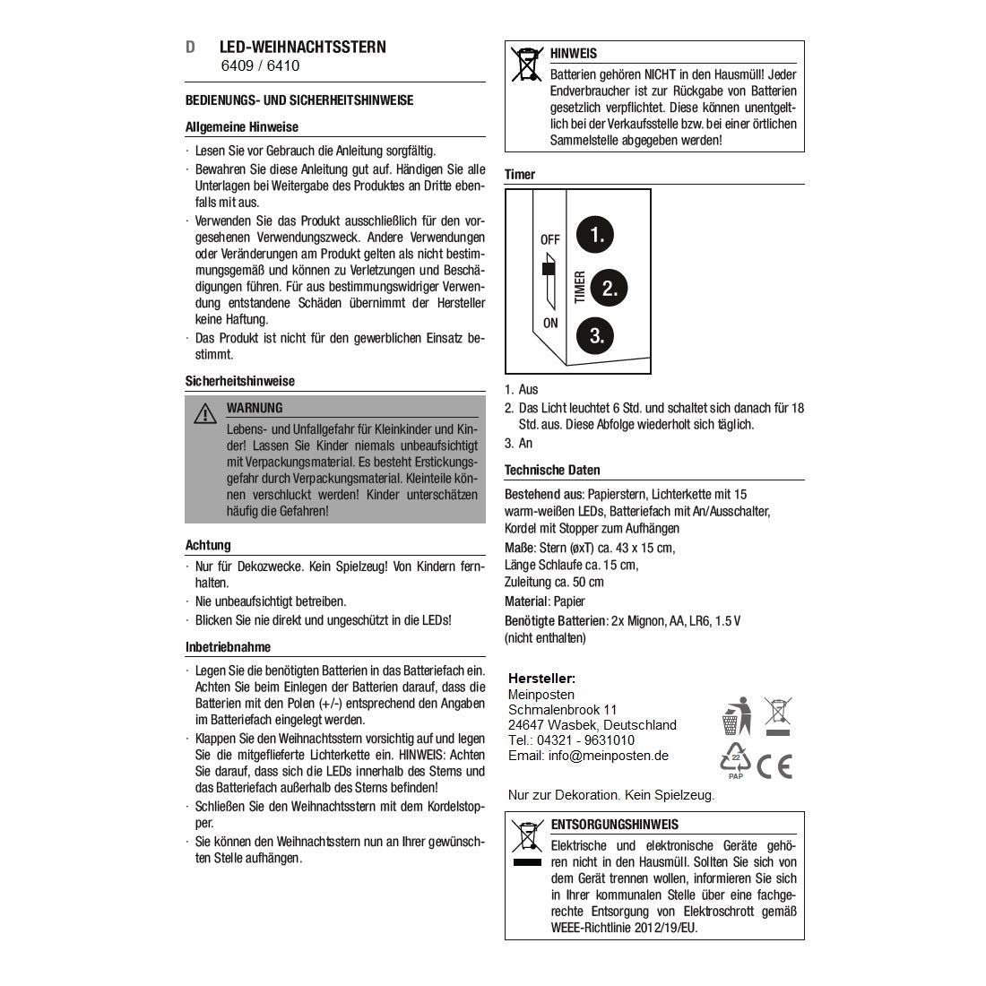 Weihnachtsstern Ø 43 cm Papier-Stern LED Weihnachtsbeleuchtung deko Rot