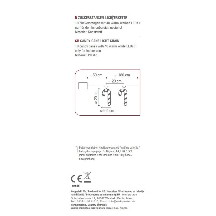 Lichterkette 180 cm Zuckerstangen LED Batterie warmweiß Weihnachtsbeleuchtung