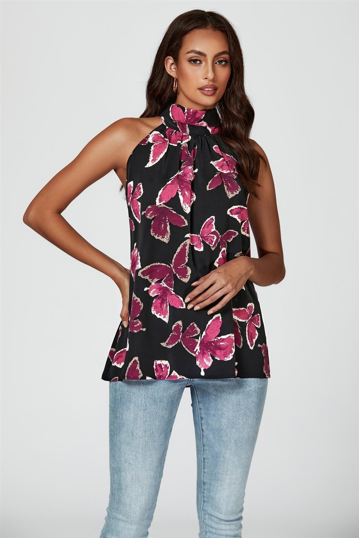 Butterfly Print Halter Neck Tie Back Top In Black