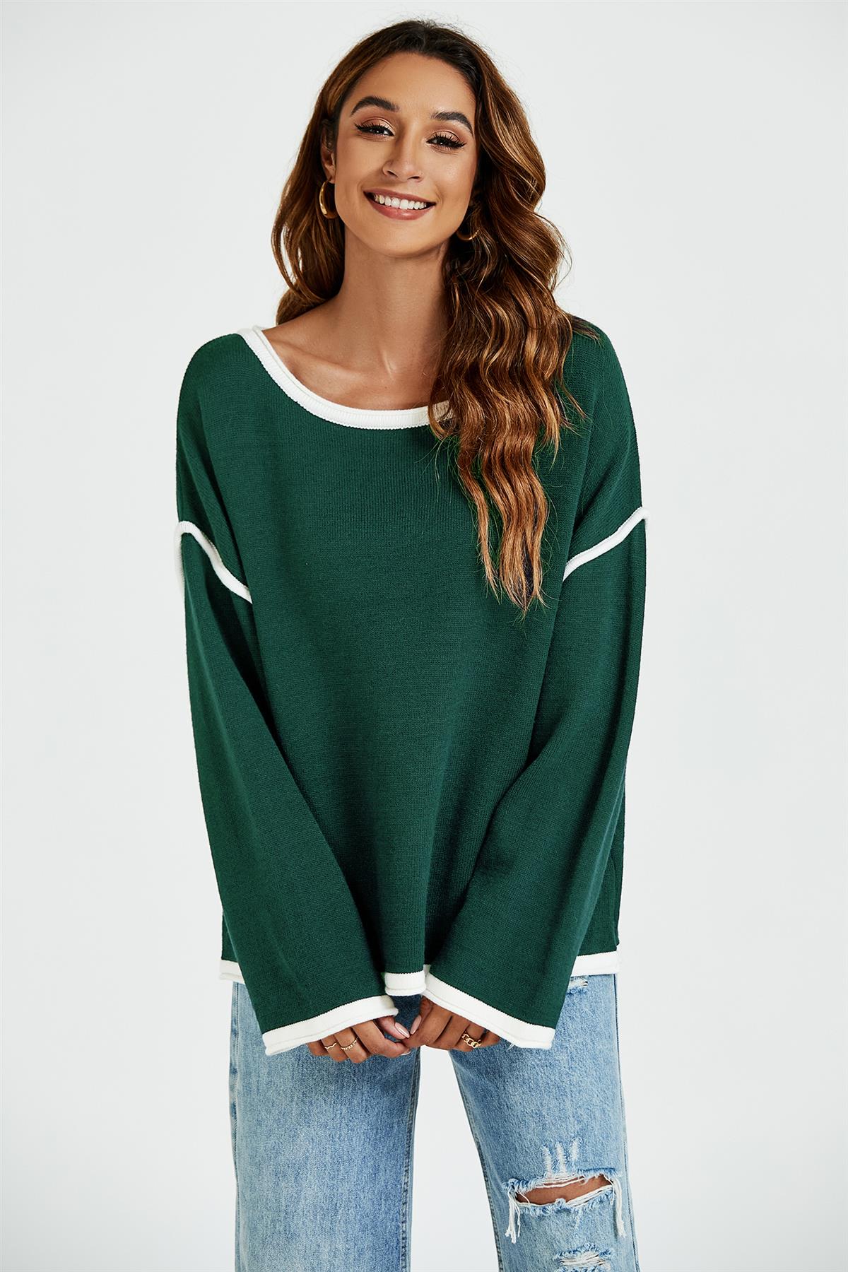 White Striped Oversized Jumper Top In Dark Green
