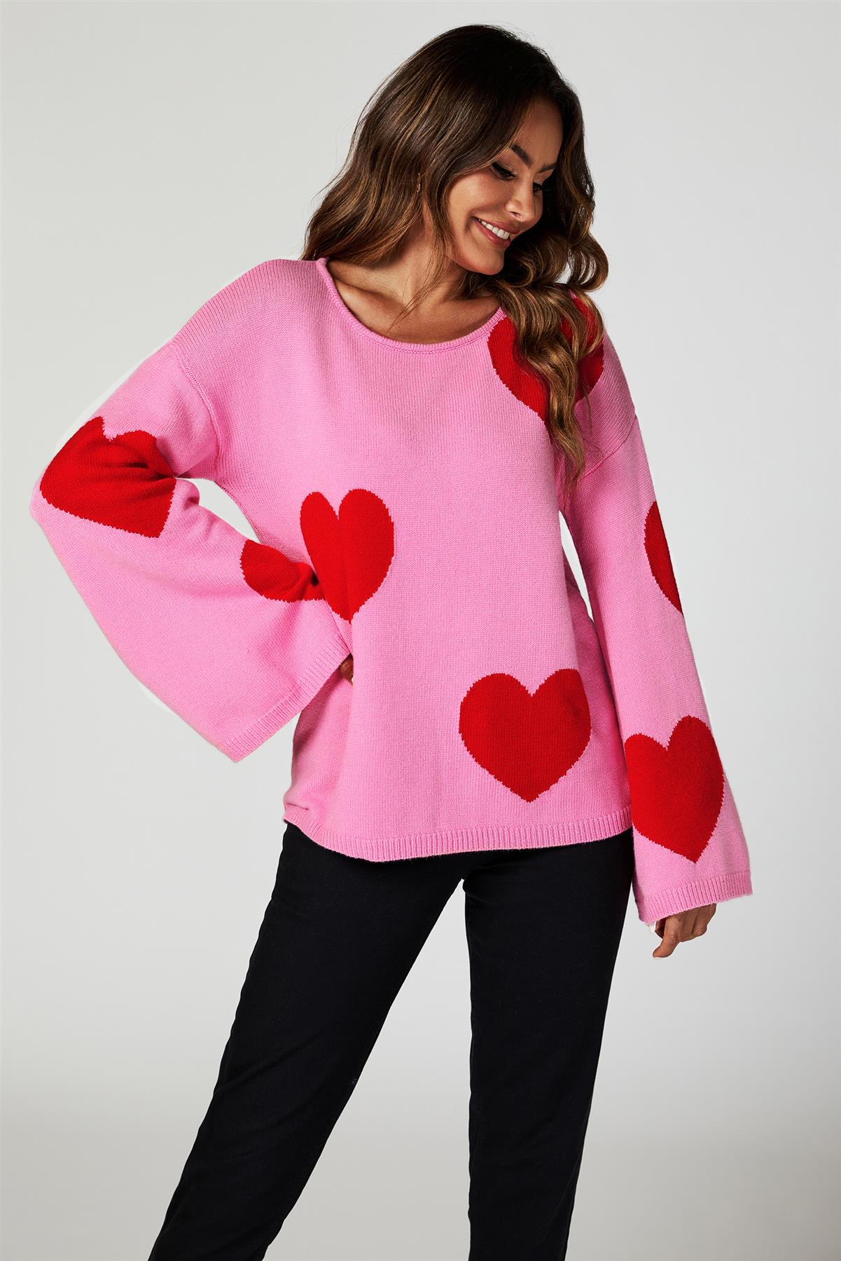 Wide Sleeve Oversize Red Jumper With Pink Heart