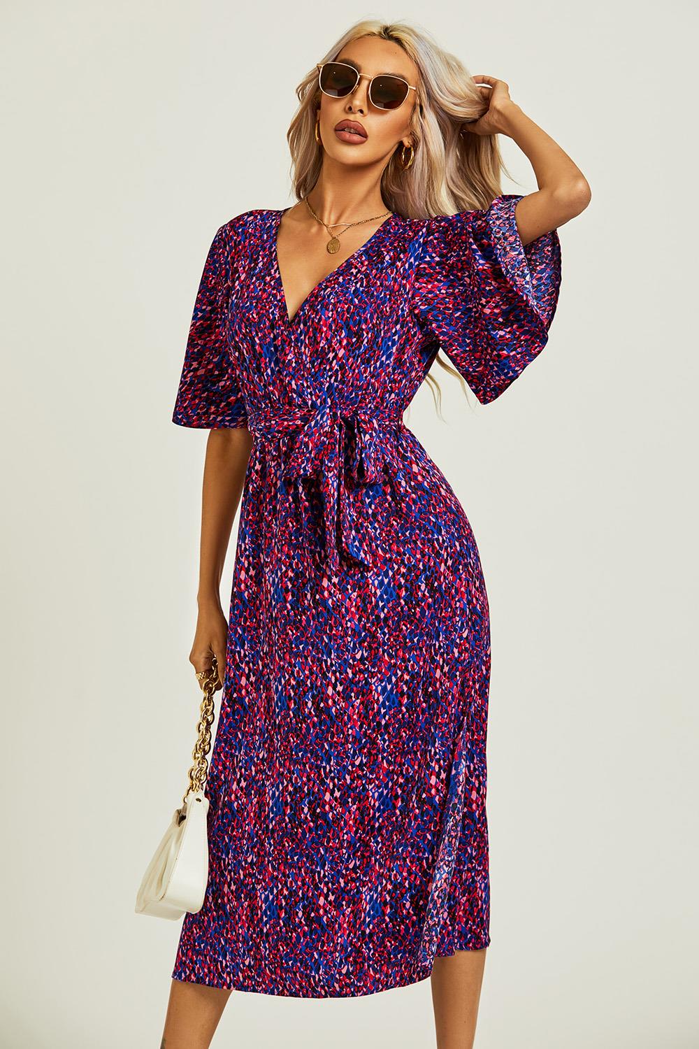 Angel Sleeve Wrap Top Midi Dress In Blue