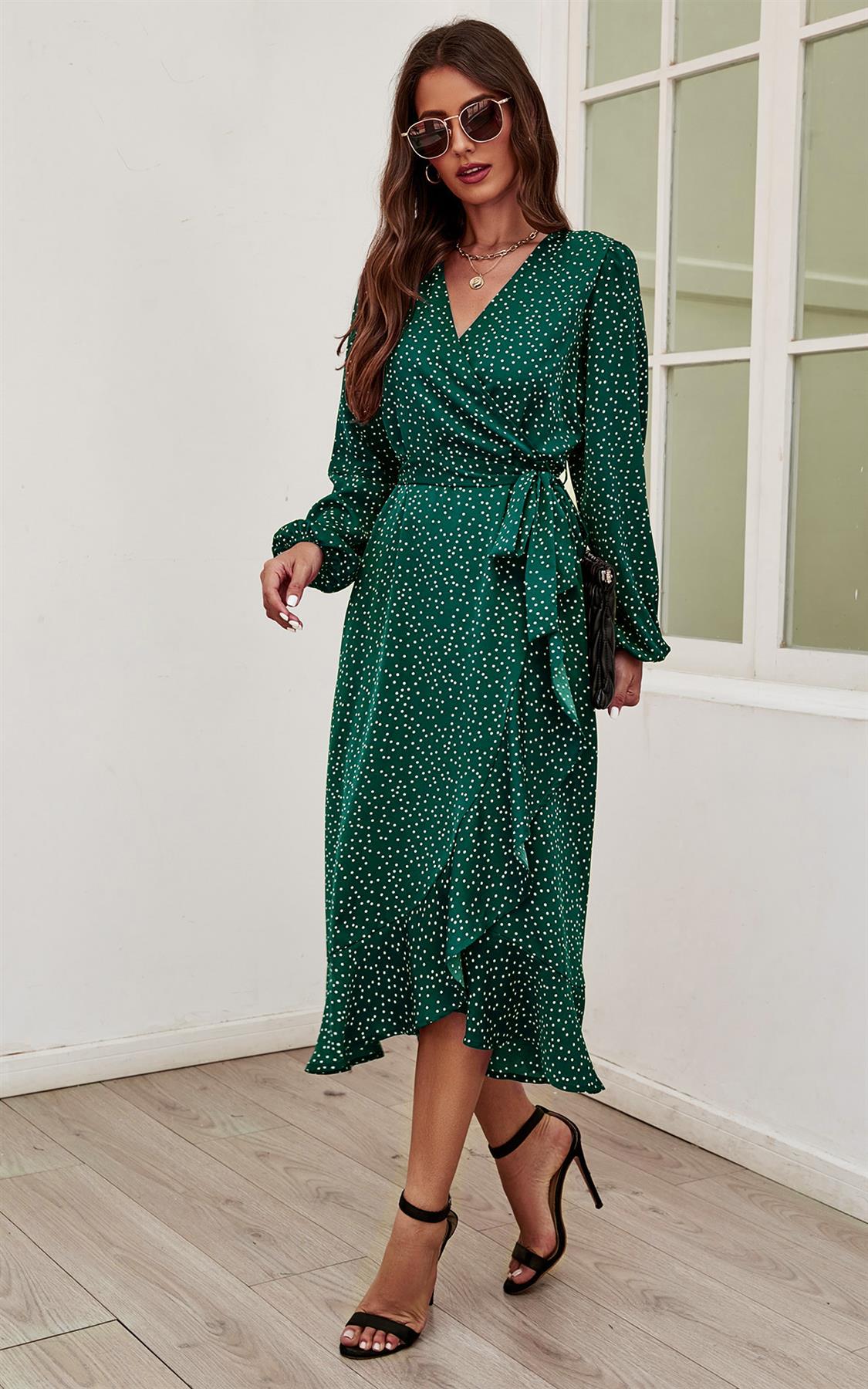 Long Sleeve Wrap Midi Dress In Green