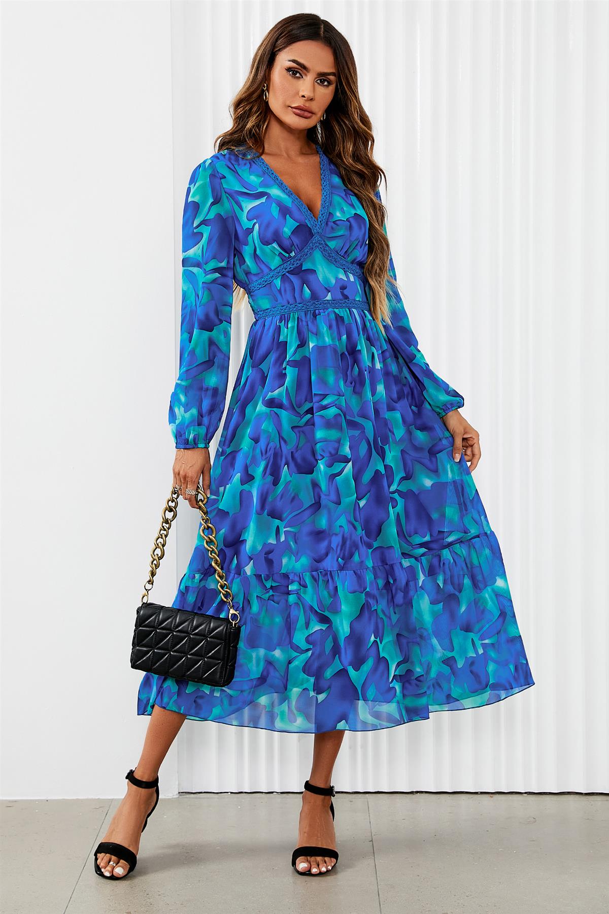 Floral Print Long Sleeve Maxi Dress In Blue