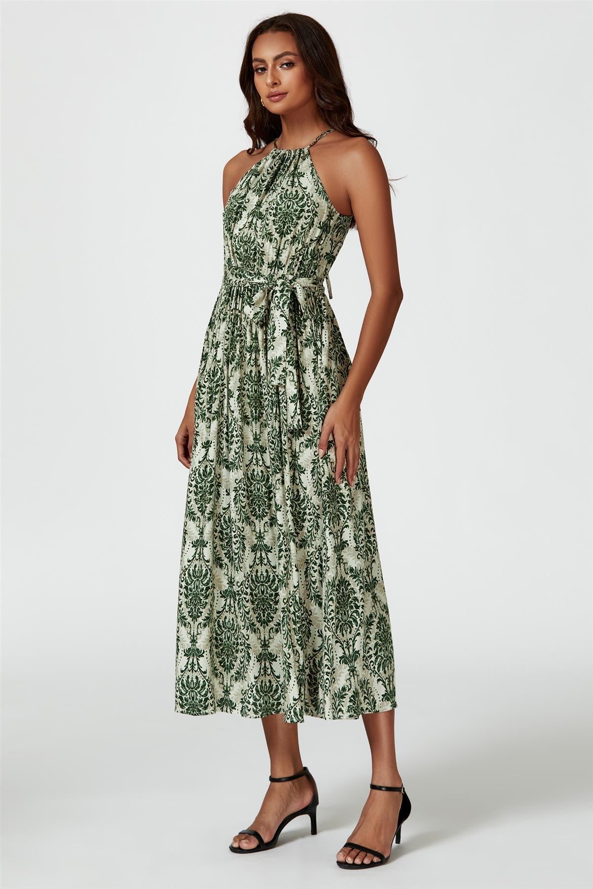 Green &amp; Beige Floral Print Tie Halterneck Maxi Dress