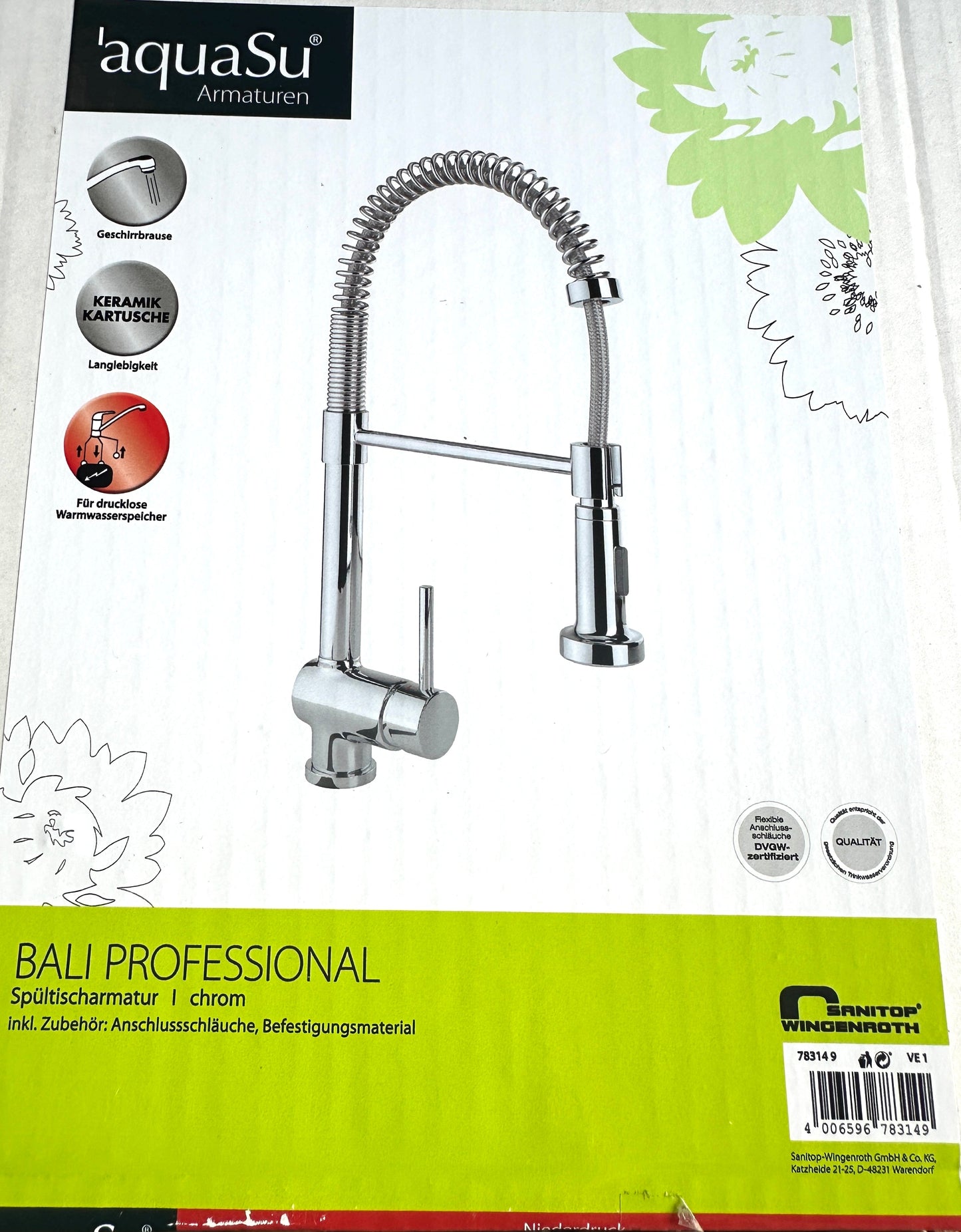 AquaSu „Bali Professional“ Spültisch-Einhebelmischer (Niederdruck, herausziehbar, chrom)